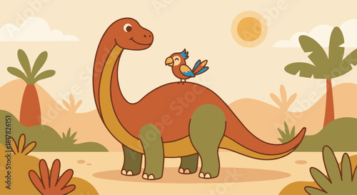 Brontosaurus With Tiny Bird Friend
Long-neck brontosaurus with a small bird sitting on its back, flat design, warm friendly colors, clean outlines, perfect for children’s illustrations.