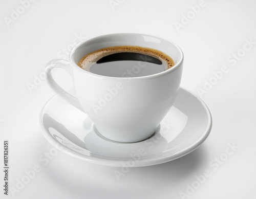 A minimalist studio shot of a white ceramic cup and saucer filled with hot, fresh black coffee. Isolated on a clean, bright white background. Focus on purity and simplicity.