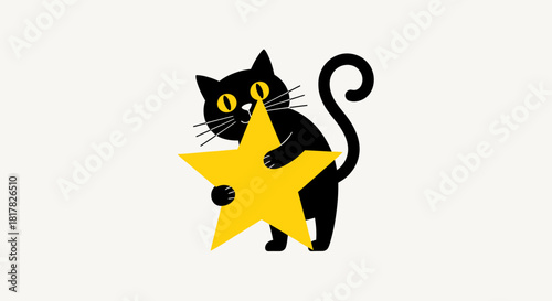 Whimsical Black Cat Holding a Bright Yellow Star A Charming Illustration