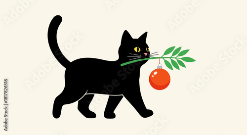 A whimsical black cat walks with a festive Christmas ornament and a green branch in its mouth. A cute holiday vector illustration