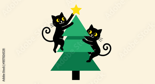 Festive Felines Black Cats Decorating a Christmas Tree with a Star Topper