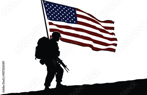 Soldier silhouette carrying rifle, American flag waving, military service illustration, patriotism concept, national pride vector design of armed forces