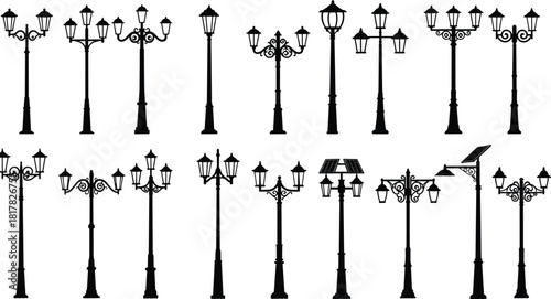 Street lamp silhouette vector illustration, urban lighting design collection, traditional and modern lamp posts, decorative infrastructure artwork, architectural outdoor lighting reference