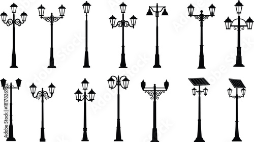 Street lamp silhouettes collection, ornate classical designs, modern minimalist styles, solar panel lamps, urban lighting illustration, vector set of decorative posts