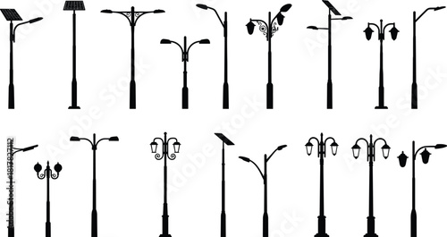 Street lamp silhouettes collection, solar powered street lights, decorative lamp post designs, urban lighting vector set, modern and vintage outdoor illumination illustration