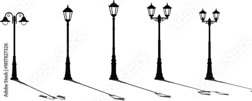  Street lamp vector illustration with shadows, urban lighting pole collection, modern and classic lamp post designs, city outdoor light fixtures, architectural street lights