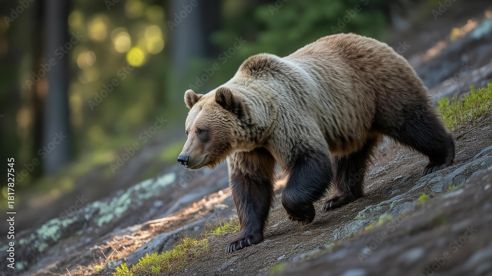 Fototapeta premium Brown bear walks on a rocky slope in a sunlit forest