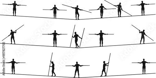 Tightrope walking silhouette vector illustration sequence, balance and coordination concept, performer with pole icon, circus acrobatics graphic design element for stock content