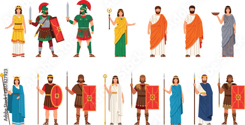 Ancient Greek and Roman characters in traditional clothing and armor, historical warriors and deities illustration set for mythology culture education design