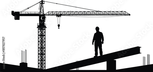Tower crane construction site, worker on steel beam, industrial building silhouettes, heavy equipment, rebar framework, vector illustration of infrastructure development
