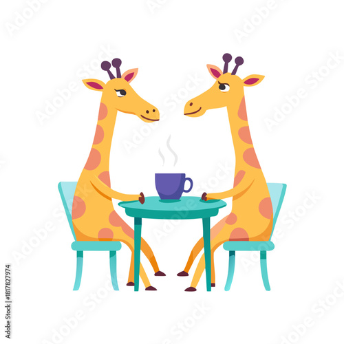 Two giraffes enjoying coffee together at a table