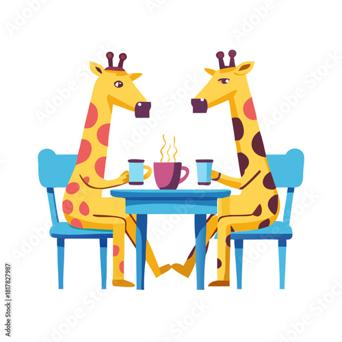 Two giraffes enjoying coffee together at a table