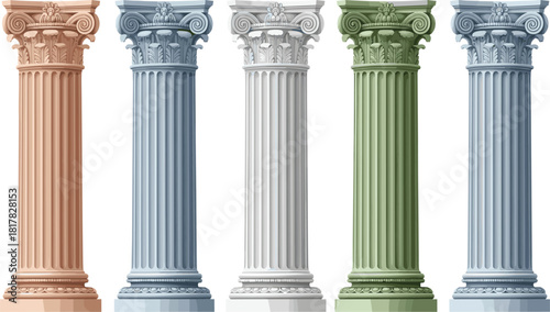Ancient Greek and Roman Corinthian columns, classical architecture pillars, detailed ornamental column set, historical architectural elements, elegant stone column designs