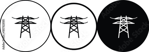 Transmission tower icons set, electricity pylon vector silhouettes, high voltage power line symbols, energy infrastructure design, utility grid artwork, black and white graphic collection