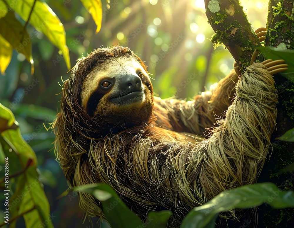 Naklejka premium A sloth hangs on a tree branch, gazing upward with sunlight