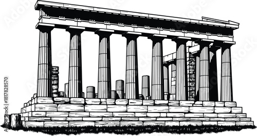 Ancient Greek temple illustration, classical ruins drawing, historic architecture sketch, vintage column structure, archaeological landmark art, detailed hand-drawn design