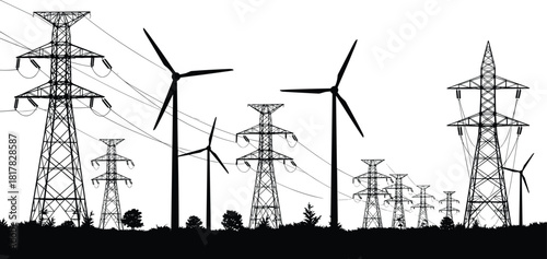 Transmission towers and wind turbines silhouette vector illustration, renewable energy and electrical grid icon, sustainable power infrastructure graphic design element for stock content