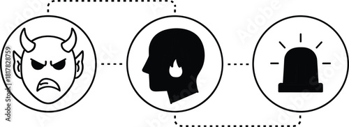 Anger reaction process with devil icon, emotional stress head symbol and emergency alert warning illustration, mental pressure danger conceptAnger reaction process with devil icon, emotional stress 