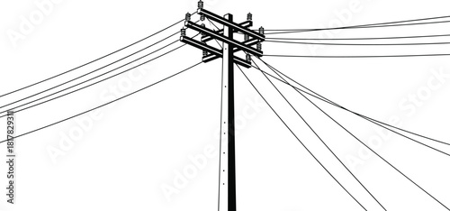 Utility pole vector illustration, power line silhouette with crossarms and insulators, electricity distribution infrastructure, taut cable network, telecommunications and energy connection graphic