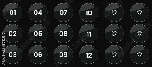 Collection of glossy glass ui buttons featuring numbers and abstract symbols