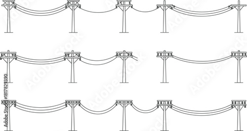 Utility pole vector illustration, power line silhouette set, electricity infrastructure design, sagging and taut wires, electrical grid elements, engineering and construction graphics