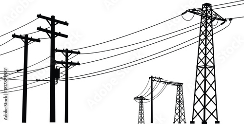Utility poles and transmission towers silhouette vector illustration, electrical power line infrastructure icons, energy distribution grid design, industrial voltage system graphic element