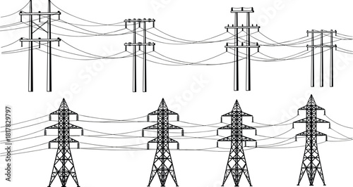Utility poles and transmission towers vector, electrical infrastructure illustration, power line