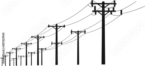 Utility poles perspective silhouette, power line vector illustration, electricity distribution artwork, energy infrastructure design, urban engineering concept, minimalist black and white composition