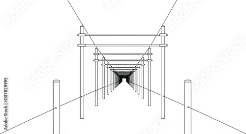 Utility poles perspective illustration, transmission towers with power lines vector artwork, electricity distribution design, energy infrastructure concept, black and white engineering composition