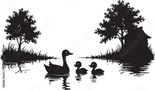 Black silhouette of a mother duck and two ducklings swimming in water with trees and a small house