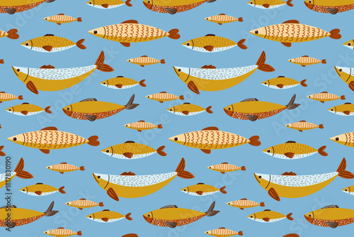 Cute Fish Seamless Pattern. Stylized Sea background. Hand drawn fish print.