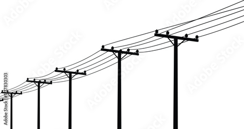 Utility poles silhouette vector illustration with overhead power lines, electrical distribution infrastructure icon, energy grid design element for stock content
