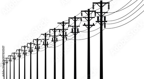 Utility poles silhouette, power line distribution vector, electrical infrastructure illustration