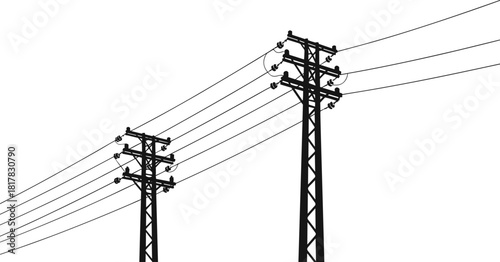Utility poles with power lines silhouette, electrical distribution infrastructure vector illustration, energy system artwork, engineering design concept, black and white composition set