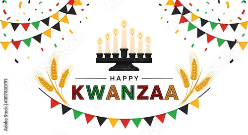Kwanzaa Happy Celebration Greeting Card Design Kinara Seven Candles Lit Wheat Ears Mazao Harvest Symbol Swahili Umoja Unity Principle Confetti Streamers Banner Background Vector Illustration
