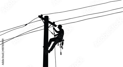  Utility worker climbing pole silhouette vector, lineman with safety harness repairing electrical lines, electricity maintenance concept, power infrastructure repair illustration for energy industry
