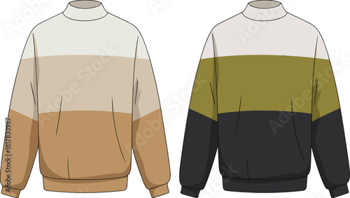 Vector sweatshirt fashion CAD template with front and back views, color-block design, mock neck, long sleeves, casual winter apparel illustration