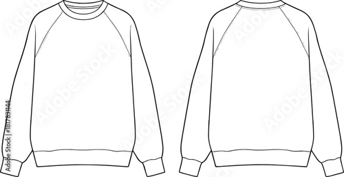 Vector sweatshirt template front and back view, raglan sleeve crewneck sweater outline, fashion flat drawing, apparel design sketch for clothing