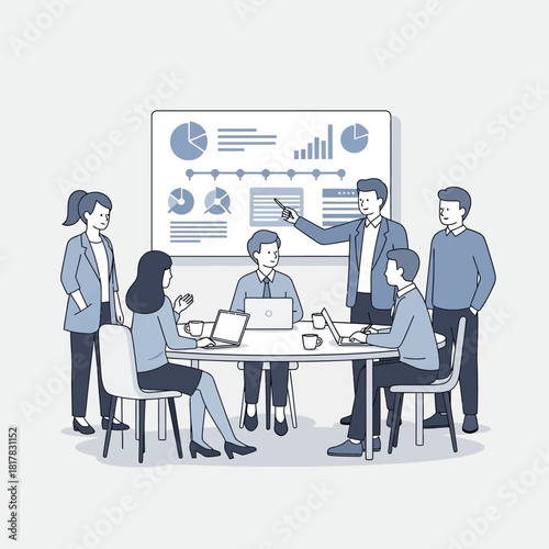 A diverse team of business professionals gathers around a conference table for a meeting, discussing data and analytics displayed on a presentation board.