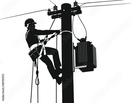 Utility worker climbing pole silhouette, electrical maintenance vector illustration, power line repair artwork, energy infrastructure design, occupational safety concept, black and white composition
