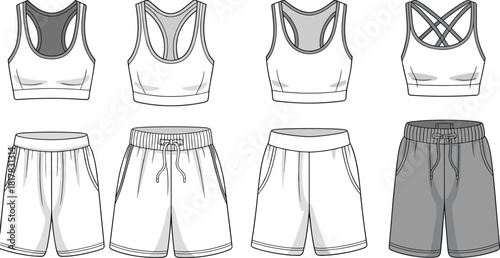 Women sports bra and athletic shorts flat sketch set, vector fashion template for activewear design, gym clothing technical CAD illustration