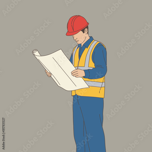 A construction worker in a red hard hat and yellow safety vest carefully examines a blueprint against a neutral background, showcasing precision and expertise.