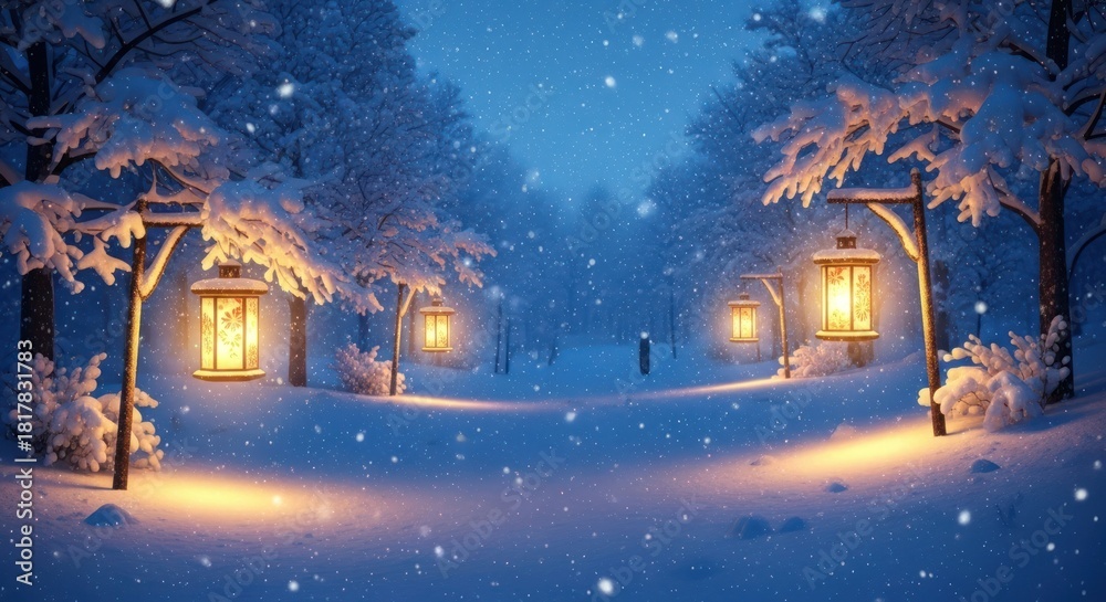 Fototapeta premium Enchanting winter night scene with glowing lanterns amidst snow-covered trees creating a magical