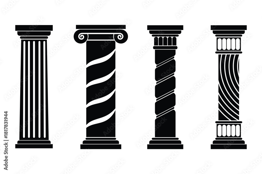 Fototapeta premium Vector illustration of classical Greek and Roman columns in different styles, isolated on white background.
