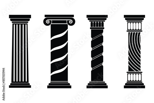 Vector illustration of classical Greek and Roman columns in different styles, isolated on white background.