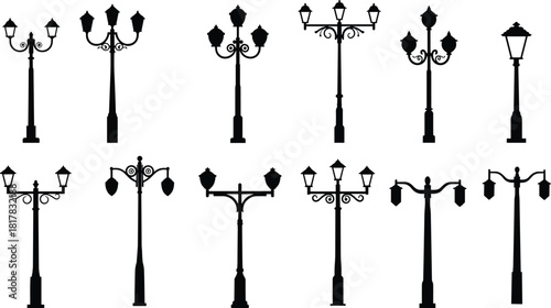 Vintage street lamp silhouettes, ornate Victorian designs, decorative scrollwork, multiple lanterns, urban lighting illustration, vector set of historical lamp posts