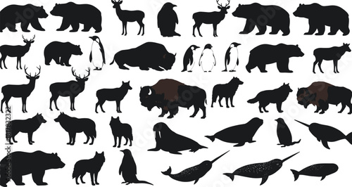 Wildlife animal silhouettes collection, moose deer bears penguins bison wolves walrus narwhals vector set, black and white illustration, nature design artwork reference