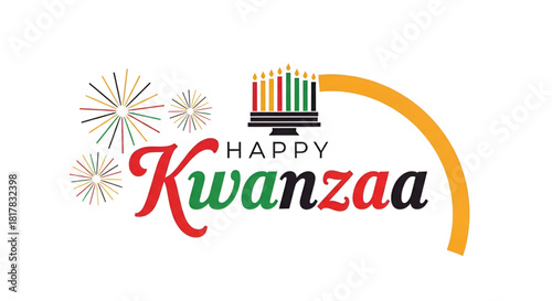 Kwanzaa Happy Celebration Greeting Card Design Minimalist Kinara Seven Candles African American Holiday Principles Umoja Swahili Fireworks Starburst Red Black Green Yellow Vector Illustration Banner 