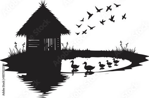 Black silhouette of a thatched hut and ducks on water with birds flying
