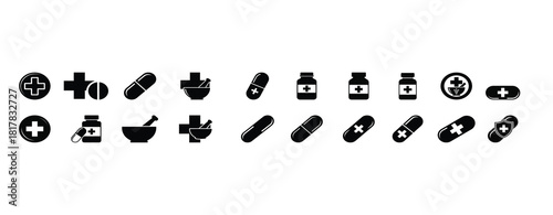 Icon Set Medicine Medical Pills  Pharmacy Symbols  Drug Bottle  Healthcare Icons